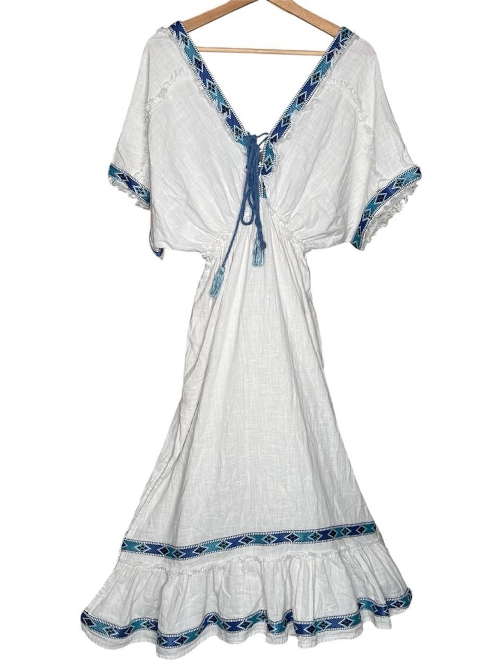 Z&L White Boho Maxi Dress with Blue Embroidered Trim deep v